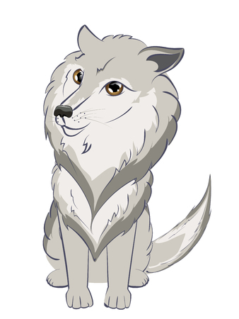 Cute cartoon grey wolf portrait with big eyes illustration.のイラスト素材