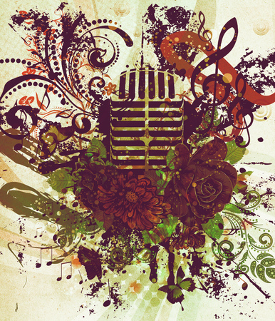 Illustration of abstract grunge retro musical background with microphone.の写真素材