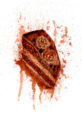 Delicious tasty chocolate cake, hand drawn watercolor illustration.の写真素材