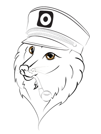 Cute cartoon wolf in captain cap with smoke pipe.のイラスト素材