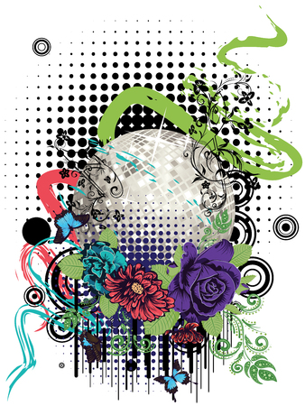 Grunge music design with silver disco ball and floral.のイラスト素材