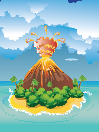 Illustration of cartoon volcano eruption with hot lava.のイラスト素材