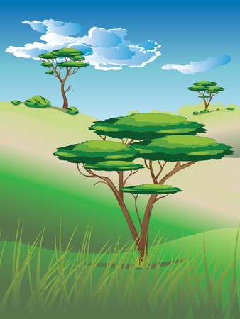 Illustration of african landscape, savanna nature with trees.のイラスト素材