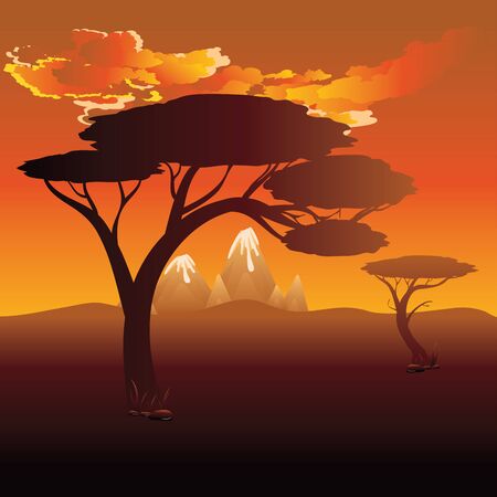 Colorful sunset scene, african landscape with silhouette of trees.のイラスト素材