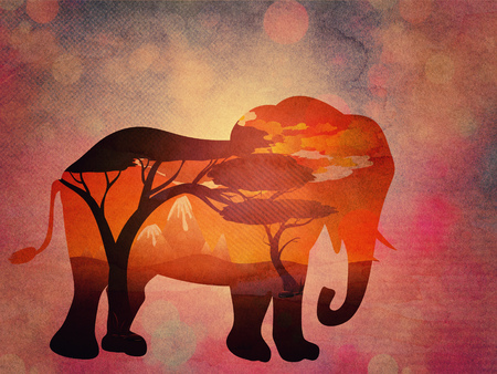 Colorful sunset scene, african landscape with silhouette of trees and elephant, paper textured.の写真素材