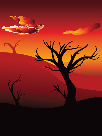 Colorful sunset scene, african landscape with silhouette of trees.のイラスト素材