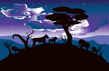 Colorful night scene, african landscape with silhouette of trees and lions.のイラスト素材
