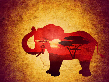 Colorful sunset scene, african landscape with silhouette of trees and elephant, paper textured.の写真素材