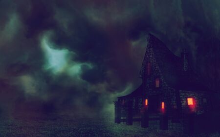 Night mystical landscape with an old house.の写真素材