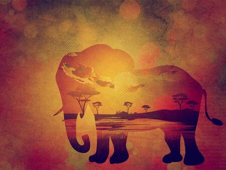 Colorful sunset scene, african landscape with silhouette of trees and elephant, paper textured.の写真素材