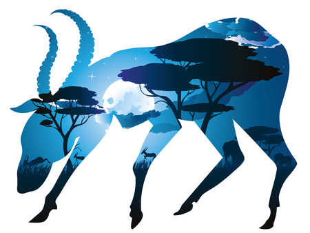 Colorful night scene, african landscape with silhouette of trees and antelopes.のイラスト素材