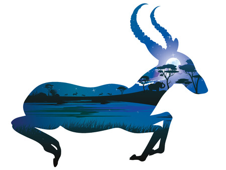 Colorful night scene, african landscape with silhouette of trees and antelopes.のイラスト素材