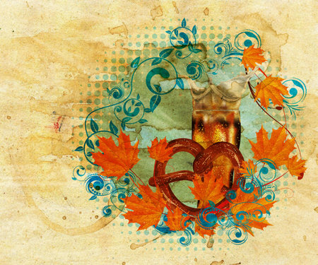 Delicious pretzel with glass of beer cartoon food design, grunge paper textured.の写真素材