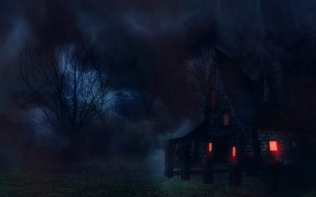 Night mystical landscape with an old house.の写真素材