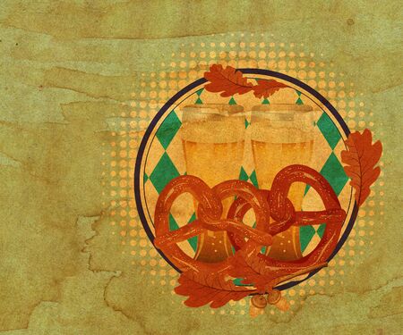 Delicious pretzel with glass of beer cartoon food design, grunge paper textured.の写真素材