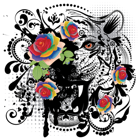 Stylized ornamental portrait of a roaring tiger with floral designのイラスト素材
