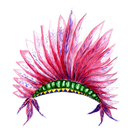 Traditional colorful feathered headgear of native indians in watercolor.の写真素材