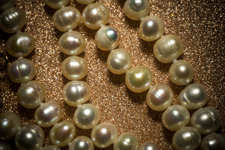 Natural white freshwater pearl necklace close up filtered background.の写真素材