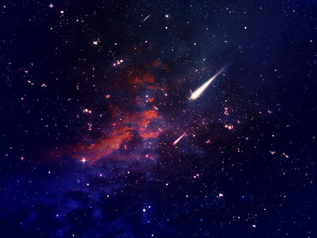 Fantasy space themed background with colorful stars and clouds.