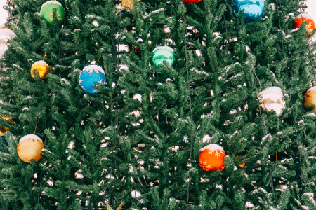 Fir tree decorated with colorful balls for Christmas time.の写真素材
