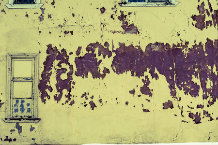 Grunge dirty wall close up, red cracked plaster filtered background.