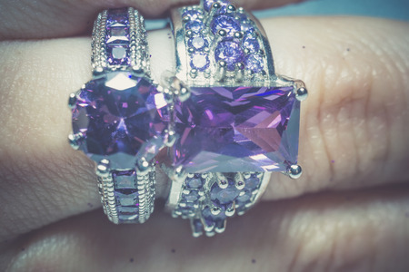 Fashion silver ring with purple zirconia, amethyst imitation, filtered.の写真素材
