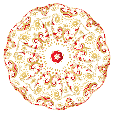 Decorative round ornament made of gold and red floral elements.のイラスト素材