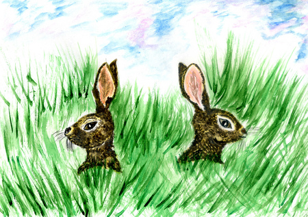 Cartoon brown wild hare in the green grass watercolor illustration.の写真素材