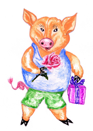 Cute cartoon pig illustration painted in watercolors.の写真素材