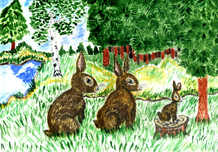 Cartoon brown wild hare in the green grass watercolor illustration.の写真素材