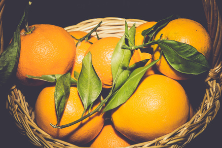 Tasty fresh orange mandarins on black background, filtered.の写真素材