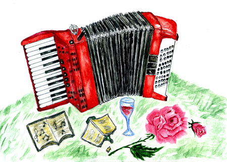Illustration of an accordion vintage music instrument, hand drawn watercolor art, grunge background.の写真素材