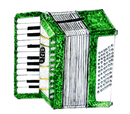 Illustration of an accordion vintage music instrument, hand drawn watercolor art, grunge background.の写真素材