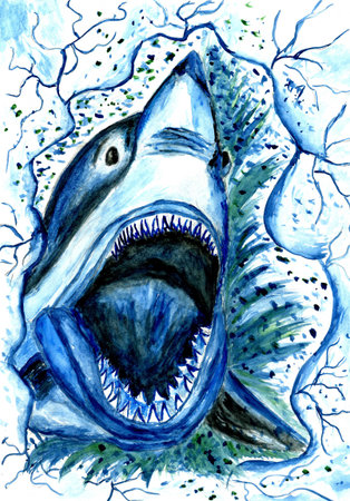Big angry shark jumping out of the water, hand drawn illustration.の写真素材