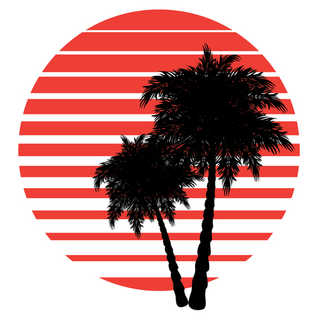 Stylized striped sun and palm tree abstract futuristic design background.のイラスト素材