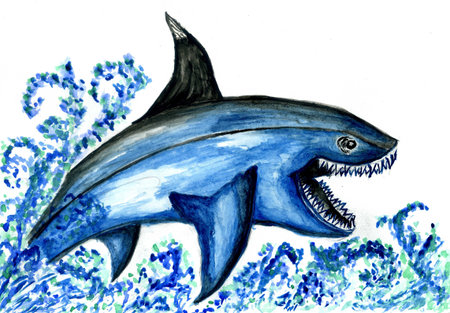 Big angry shark jumping out of the water, hand drawn illustration.の写真素材