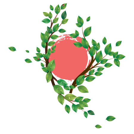Spring, summer themed banner with green leaves on a tree branch. Vector illustration.のイラスト素材