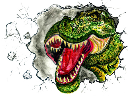 Horrible giant dinosaur, the portrait of tyrannosaurus rex, watercolor design illustration.の写真素材
