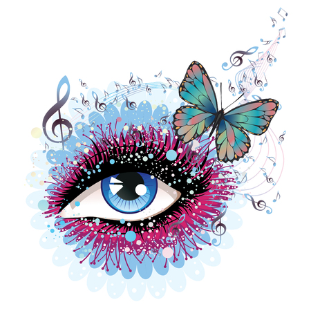 Decorative eye with long eyelashes, flowers, musical notes and butterflies.のイラスト素材