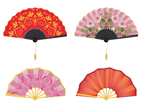 Collection of decorative oriental folding paper fans on white.のイラスト素材