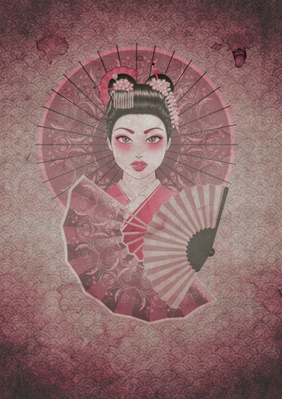 Vintage poster with the cartoon geisha, grunge paper textured backgroundの写真素材