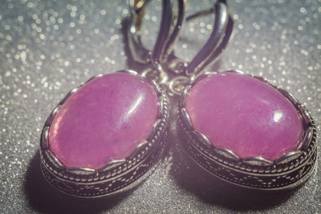 Vintage silver jewelry with purple pink stone, kunzite, agate or quartz.の写真素材