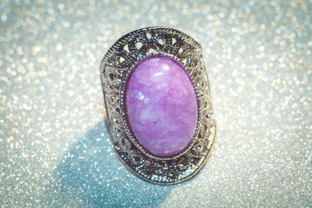 Vintage silver jewelry with purple pink stone, kunzite, agate or quartz.の写真素材