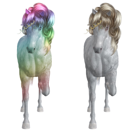 Mythical animal, white Unicorn 3d illustration with digitally drawn additional mane.の写真素材