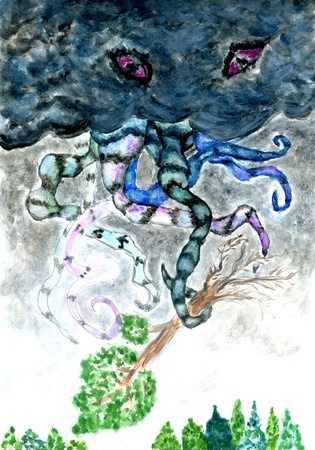 Monster with tentacles, octopus like creature grunge watercolor illustration.の写真素材