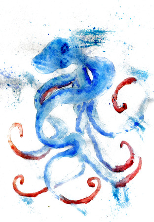 Monster with tentacles, octopus like creature grunge watercolor illustration.の写真素材