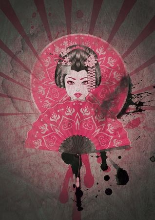 Vintage poster with the cartoon geisha, grunge paper textured backgroundの写真素材
