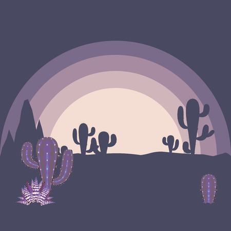 Sunset in the desert landscape with cacti and distant rocks silhouettes.のイラスト素材