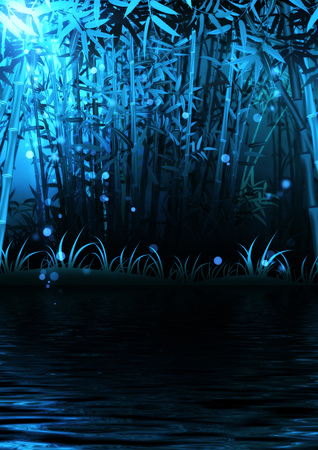 Green bamboo trees with leaves inside the forest landscape.の写真素材