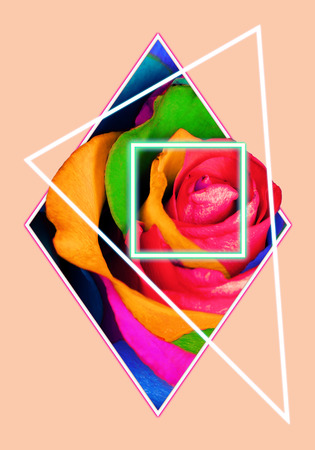 Geometric collage with multi colored rose flower and polygon, decorative background.の写真素材